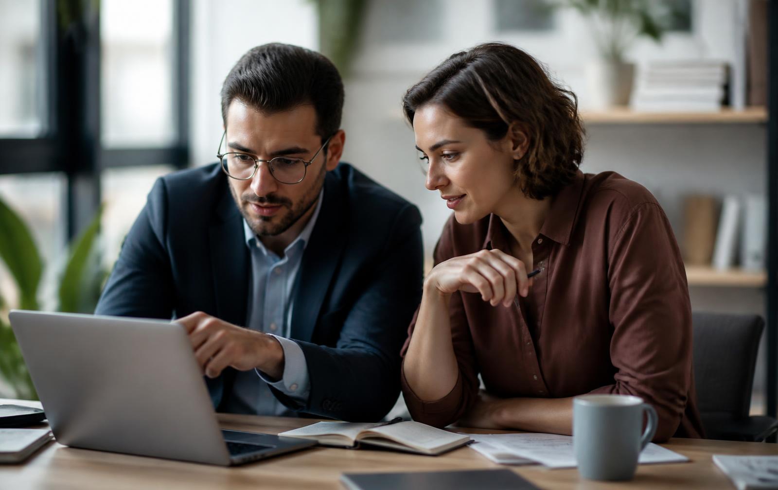 A web consultant and a small business owner reviewing a website together on a laptop